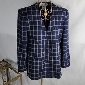 Vintage Jones New York Size 8 Checkered Navy Blue Double Breasted Jacket Blazer